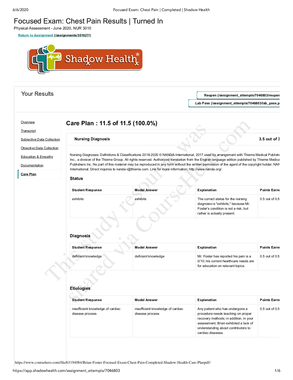 Preview of Brian Foster Focused Exam_ Chest Pain _ Completed _ Shadow Health Care Plan